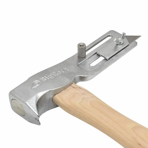 Close-up of No Sweat One Hand Nail Setup Game Changing Magnetic Face Roofing Hatchet with solid forged steel head and utility blade.