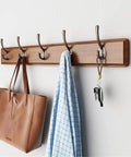 Knockout Wooden Wall Coat Rack Featuring Slick Stainless Steel Double Hooks And Rock Solid Door Back Hanger Organizer For Bedroom Jackets Hats Towels And Keys with bag and towel.