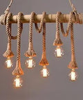 Vintage Farmhouse Rope And Bamboo Pendant Light With Six Edison Bulbs, Ceiling Island Light For Kitchen Island Bar And Restaurant
