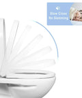 No Slamming Quiet Close Open Front Elongated Bathroom Seat With Quick Release Hardware showing slow close feature over toilet.