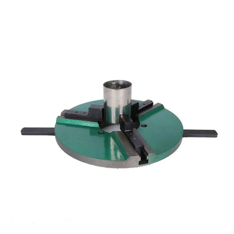 Heavy Duty Eight Inch Three Jaw Self Centering Chuck With Quick Release Base For Welding Positioner Turntables And Shop Workbenches, green metal clamp shown.