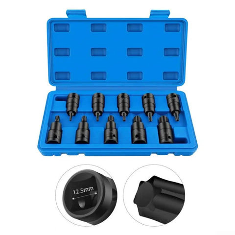 Cool 10-Piece Torx Socket Adapter Set With T20 To T70 Bits For Your 1/2 Inch Impact Wrench. 12.5mm black case