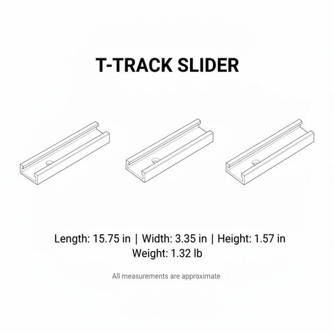 Illustration of T-Track Slider for Woodworking Jigs with Aluminum Alloy Stop Block, dimensions and weight displayed