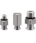 Three stainless steel pneumatic fittings of varying sizes, featuring threaded ends and O-rings for secure connections.