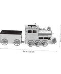 Retro Steam Locomotive Desk Decor for Home Office, Luxury Model Train Ornament in silver, side view with dimensions