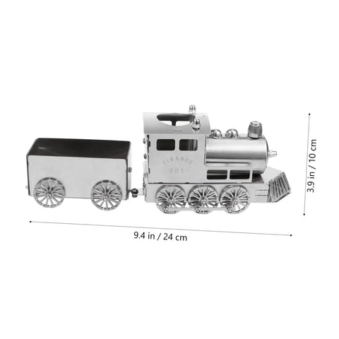 Retro Steam Locomotive Desk Decor for Home Office, Luxury Model Train Ornament in silver, side view with dimensions