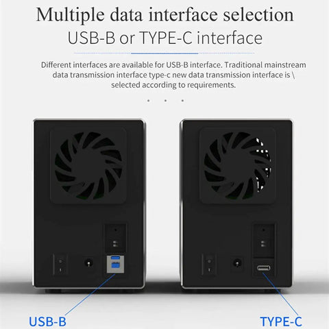 Plug And Play Dual Bay Hard Drive Enclosure Rock Solid USB 3.0 And USB 3.1 RAID Array Dock showing USB-B and TYPE-C ports.