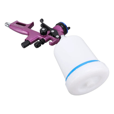 Top Shelf HVLP Spray Gun With 1.3mm Tip For Furniture And Art Creations Lightweight aluminum body with white container.
