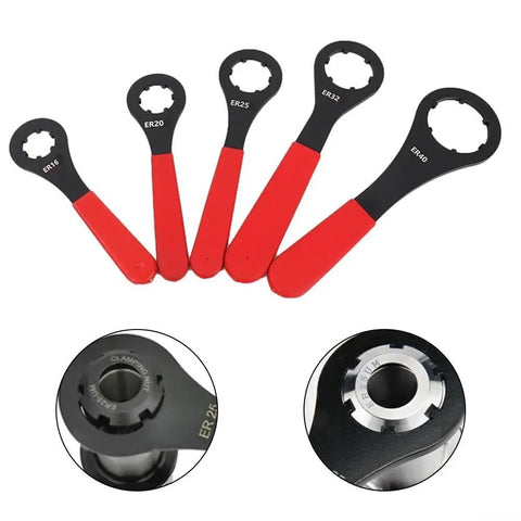 Heavy Duty ER Collet Wrench For ER16 ER20 ER25 ER32 ER40 CNC Spanner Tool Set with red handles, ideal for nut removal and chuck access.