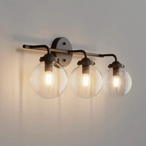Three Light Dope Matte Black Vanity Light Fixtures With Industrial Glass Globe for Bathroom Wall Mount