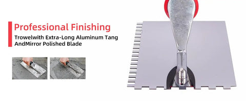 Heavy Duty Square Notched Trowel Set 3 Piece Kit For Tile Adhesive And Mortar Spreading On Walls And Floors Notch Sizes 5/32 5/16 And 1/2 Inch Stainless Steel With Reinforced Aluminum Shank For Professional Masonry Tiling showing close-up of trowel blade and shank.