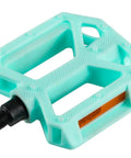 Rugged Non Slip Bicycle Pedals For BMX Mountain And City Bikes With Reflector Lightweight 1/2 Inch Boron Steel Spindle Mad Grip And Durable Pedal Platform In Blue showing top view with reflector and grip pattern