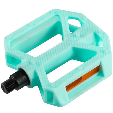 Rugged Non Slip Bicycle Pedals For BMX Mountain And City Bikes With Reflector Lightweight 1/2 Inch Boron Steel Spindle Mad Grip And Durable Pedal Platform In Blue showing top view with reflector and grip pattern
