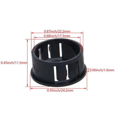 100 Pcs 22mm Snap Bushing Grommet Set SK22 Black Nylon Cable Hose Shield with dimensions shown, side angle view