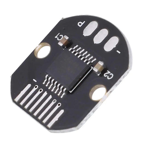 Close-up of 14 Bit Magnetic Encoder Module with 360 Degree Angle PWM and SPI Outputs, black PCB with electronic components.