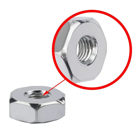 Close-up of a metal Bar Nut Sprocket Cover for Sthil Chainsaws Pack Of 6 Replacement Bar Nuts For 14 Inch And 20 Inch Bars Fits MS series