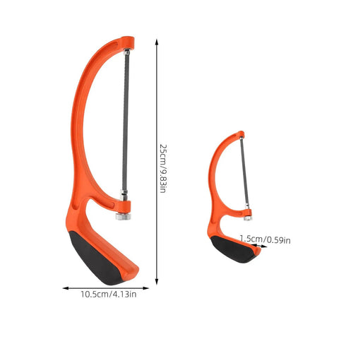 Built Tough Portable Mini Hacksaw Featuring Thickened Carbon Steel Blade And Ten Spare Replacements, orange handle and blade dimensions shown.