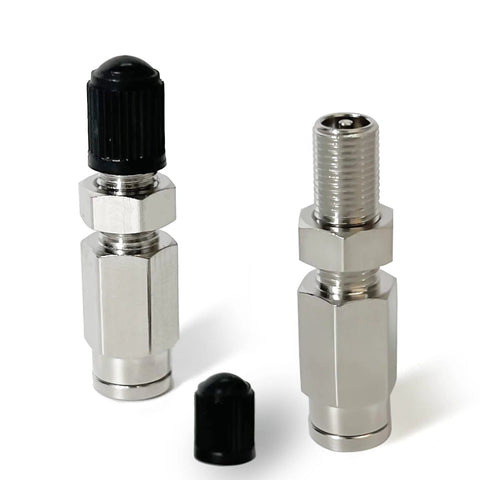 Front view of two KEIYSHOLCK inflation Schrader valves with push-to-connect fittings for 1/4 in. OD air tubing (2-pack).