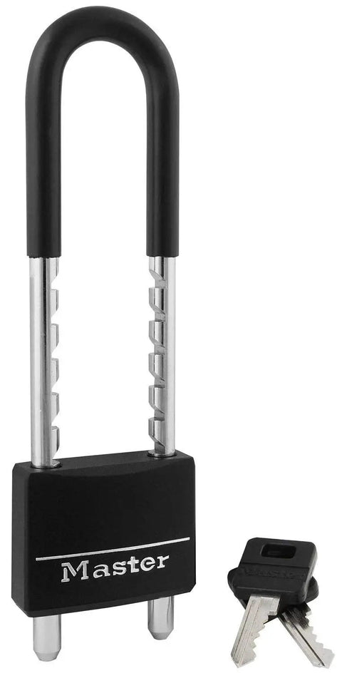 Beefy Weatherproof Two Inch Wide Vinyl Covered Padlock With Hardened Steel Shackle, Adjustable From Two And Three Eighths Inches
