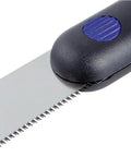 Close-up of the handle and blade of Precision Ground Dovetail Detail Saw For Fine Woodworking Heavy Duty Silver Hand Blade.