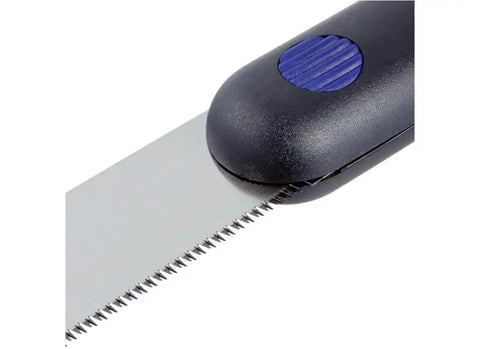 Close-up of the handle and blade of Precision Ground Dovetail Detail Saw For Fine Woodworking Heavy Duty Silver Hand Blade.