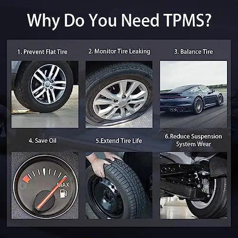 Image showcasing reasons to need TPMS: prevent flats, monitor leaks, balance tires, save oil, extend tire life, reduce wear.
