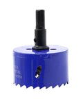 Luomorgo 60mm hole saw with hex shank arbor, blue bi-metal HSS cutter (front view)