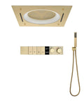 Upgrade Your Bathroom Game With This Fire Smart Shower System Featuring Thermostatic Control Built In Bluetooth Speaker And Plush Ceiling Rainfall Head In Sleek Matte Black For Total Luxury Vibes - Modern gold ceiling mount shower head with controls.