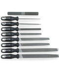 Ergonomic 9 Piece File Set With 6 Inch 8 Inch 10 Inch And 12 Inch Bastard And Tapered Files Multicolor Handles Pro Grade Metalworking Maintenance Tool Kit For Precision Shaping And Deburring displayed in a row