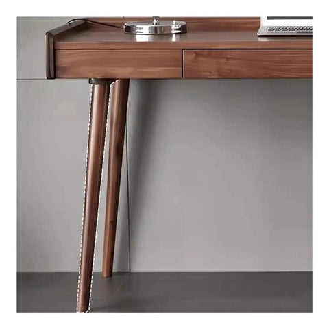 Ergonomic Adjustable Standing Desk Featuring Rich Walnut Desktop Four Deep Storage Drawers Integrated Monitor Stand close-up of desk leg and drawer