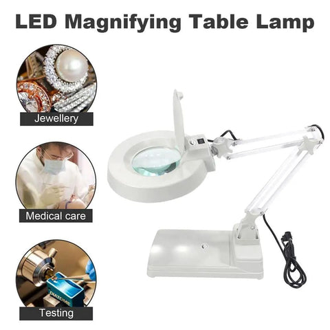 110V 20X Clip-On Magnifier Lamp With LED Light For PCB Inspection on white background with lens and folding stand