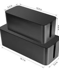 Two Pack Large And Medium Bamboo Style Cable Organizer Boxes With 17 Piece Cord Management Set To Hide Surge Protectors And Cables On Desk Or Floor Effortless Tidying White Finish, stacked view with dimensions