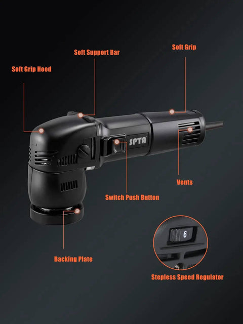 Compact 3 Inch Orbital Polisher With 10mm Orbit 780W Variable Speed Dual Action Ergonomic Grip Includes Polishing Pads Sanding Discs And Pad Conditioning Brush For Quick Easy Detailing, black with labeled features