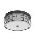 Semi Flush Drum Ceiling Light 3 Light in Oil Rubbed Bronze Finish With Linen White Fabric Shade and Metal Frame Fifteen Point Eight Inch Drum Light For Bedroom Dining Room Kitchen Hallway Entryway Modern Cozy Glow, viewed from beneath.