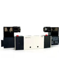 Double Solenoid Valve Five By Three Way Closed Center Air Pneumatic Internal Pilot Twelve Volt DC One Quarter Inch PT Threads