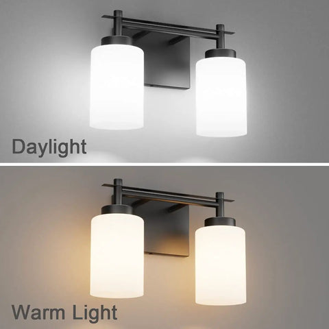 Vintage Style Black Vanity Light Four Light Industrial Wall Sconce With Milky White Glass Shades for Bathroom in daylight and warm light