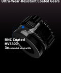 Close-up of DXC Extruder with Helical Gear Dual Drive System Open Cooling for K1 Series 3D Printers showing RNC coated gears.