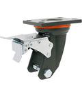 Hard As Nails Heavy Duty 8 Inch Industrial Caster Wheels With Red Swivel Polyurethane Treads And Solid Iron Core For Rough Work And 1760 Pound Capacity Without Floor Scuffs close-up of swivel locking caster mechanism.