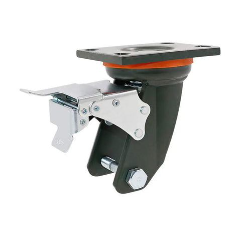Hard As Nails Heavy Duty 8 Inch Industrial Caster Wheels With Red Swivel Polyurethane Treads And Solid Iron Core For Rough Work And 1760 Pound Capacity Without Floor Scuffs close-up of swivel locking caster mechanism.