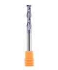 SpeTool 2-flute carbide end mill, 1/4 in shank, 3 in length, TiAlN-coated spiral up-cut; front view with orange base.