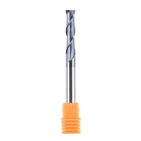 SpeTool 2-flute carbide end mill, 1/4 in shank, 3 in length, TiAlN-coated spiral up-cut; front view with orange base.