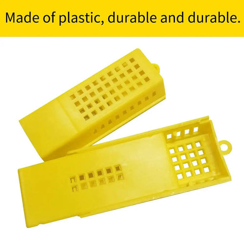 Plastic Queen Bee Cages 12 Pack Beekeeping Go To Transporting Catcher Kit, yellow, lightweight, showing open and closed view.