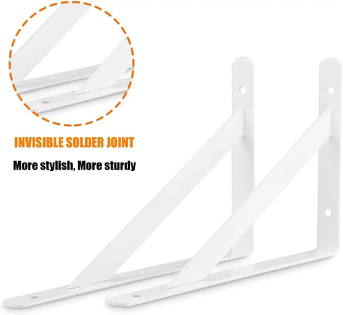12 Inch Heavy Duty L Shelf Brackets Set Of 6 For DIY Floating Shelves, 90 Degree Metal Supports With Screws in white finish.