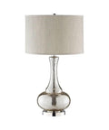 Gourd Glass Table Lamp With Silver And Gold Crackle Finish, Round Cloth Hardback Shade, Metal Base, 28 Inch Tall