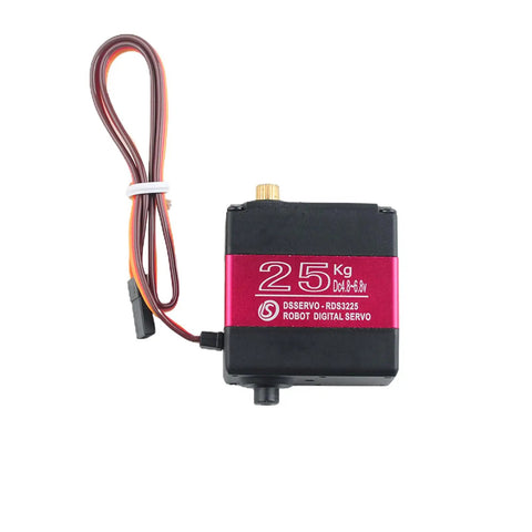 25Kg Dual Shaft U Mount RC Digital Servo With Full Metal Gear Waterproof Construction For Robotic Arm 180 Degree Rotation Ideal For DIY Car Robots And Animatronics High Torque Servo For Pro Hobbyists, black and red design with visible wiring