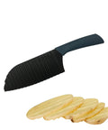 Front view of blue-handled potato crinkle cutter with a ribbed black blade and wave-cut potato slices