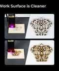 Creality Air Assist Kit for Falcon 10W laser engraver; wooden sheet being engraved on a laser bed with an ornate cut.