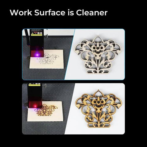 Creality Air Assist Kit for Falcon 10W laser engraver; wooden sheet being engraved on a laser bed with an ornate cut.