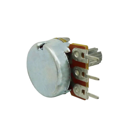 Side view of a 50K Ohm Linear Potentiometer With Knurled Shaft, 15mm Shaft Length, 6mm Diameter, 7mm Thread, metal body.
