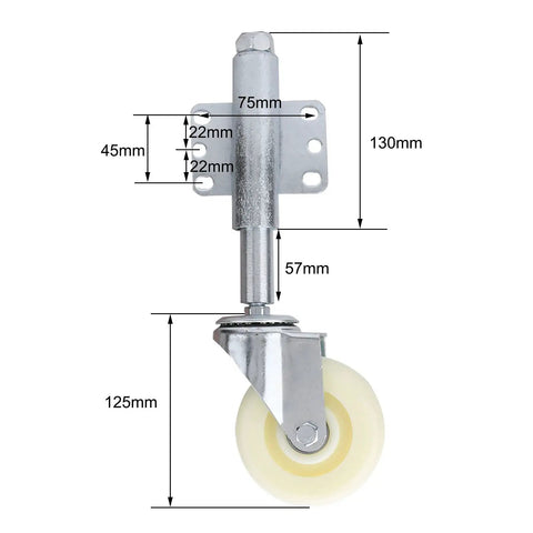 Built Like A Tank 4 Inch Spring Loaded Gate Caster With 2.5 Inch Swivel Pu Wheel detailed dimensions for installation.